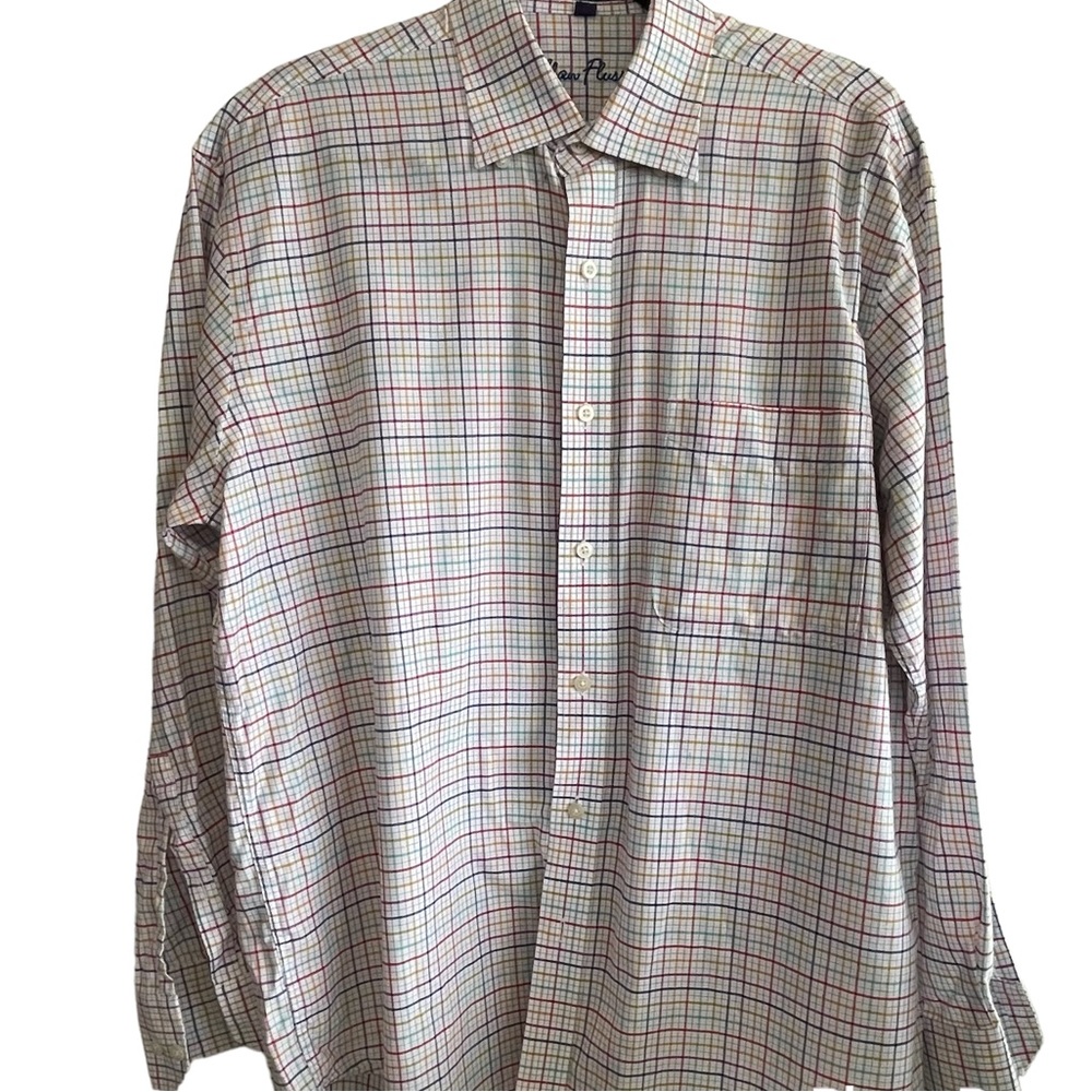 Mens Alan‎ Flusser plaid button up dress shirt 100% cotton size medium